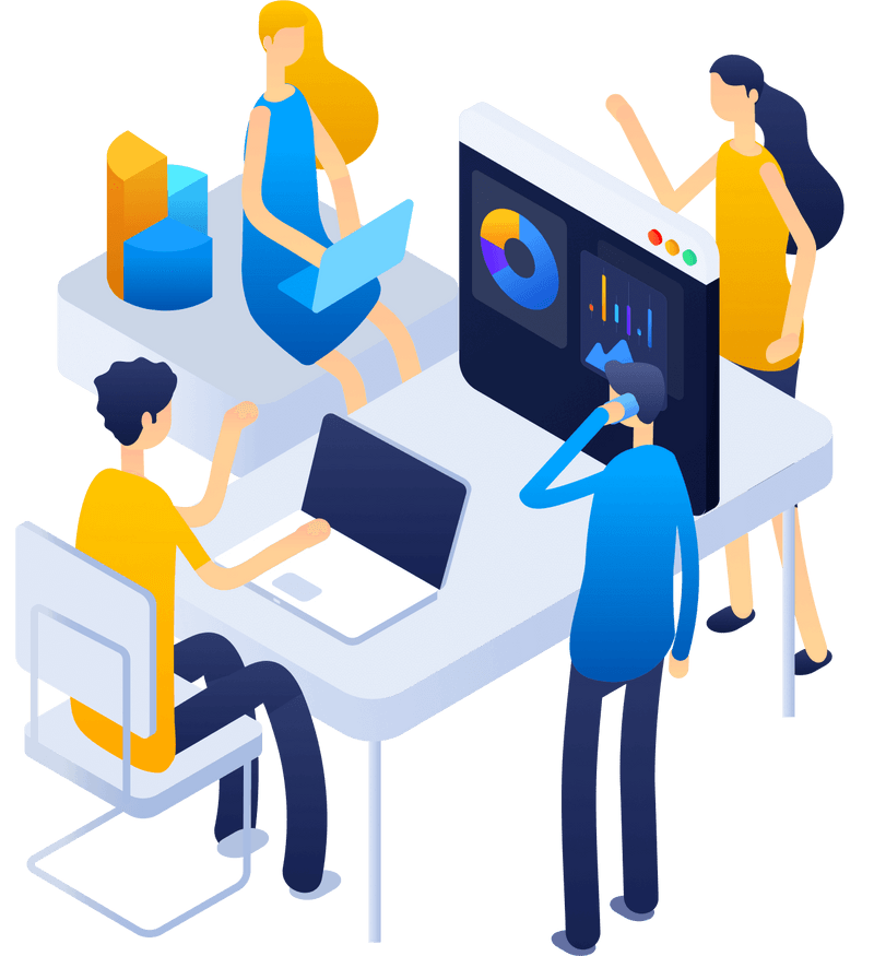 Team collaborating around analytics dashboards