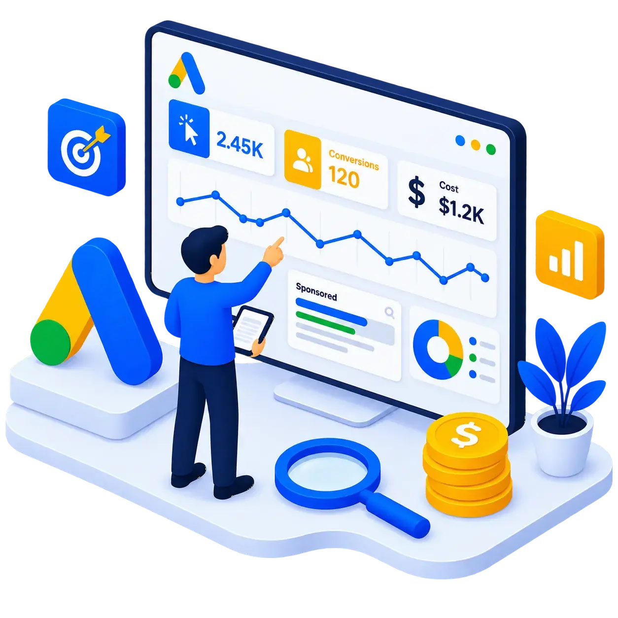 Google Ads dashboard showing clicks and conversions